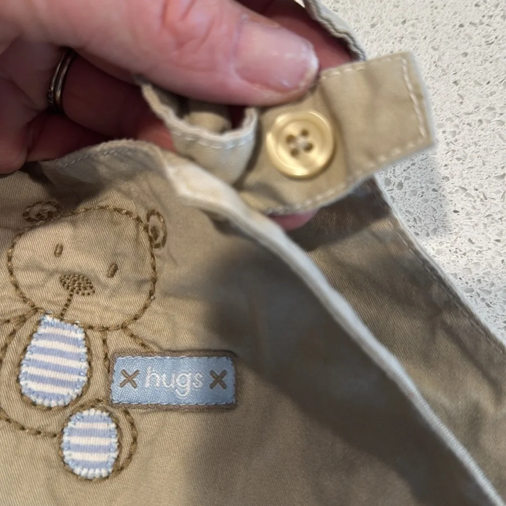 Carter's Tan Overalls with Bear Patch khaki, and baby blue size 3 months